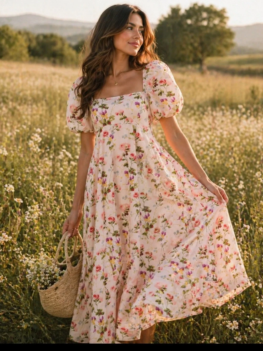Hill House Pink Floral Puff-Sleeve Midi Dress - Picture 1 of 11